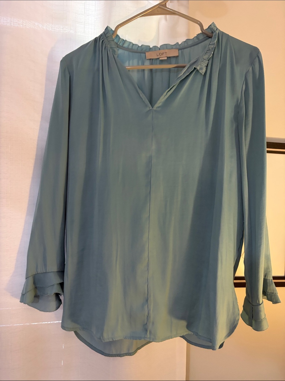 LOFT Teal Ruffle-Trim V-Neck Long Sleeve Blouse